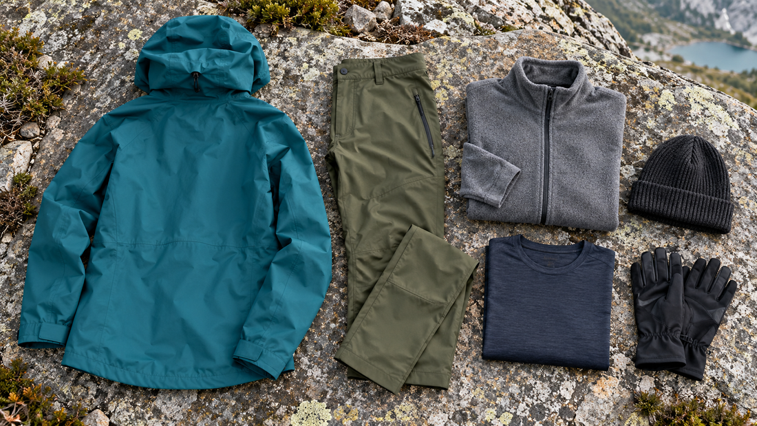 Unbranded outdoor clothing layers arranged on a mountain rock