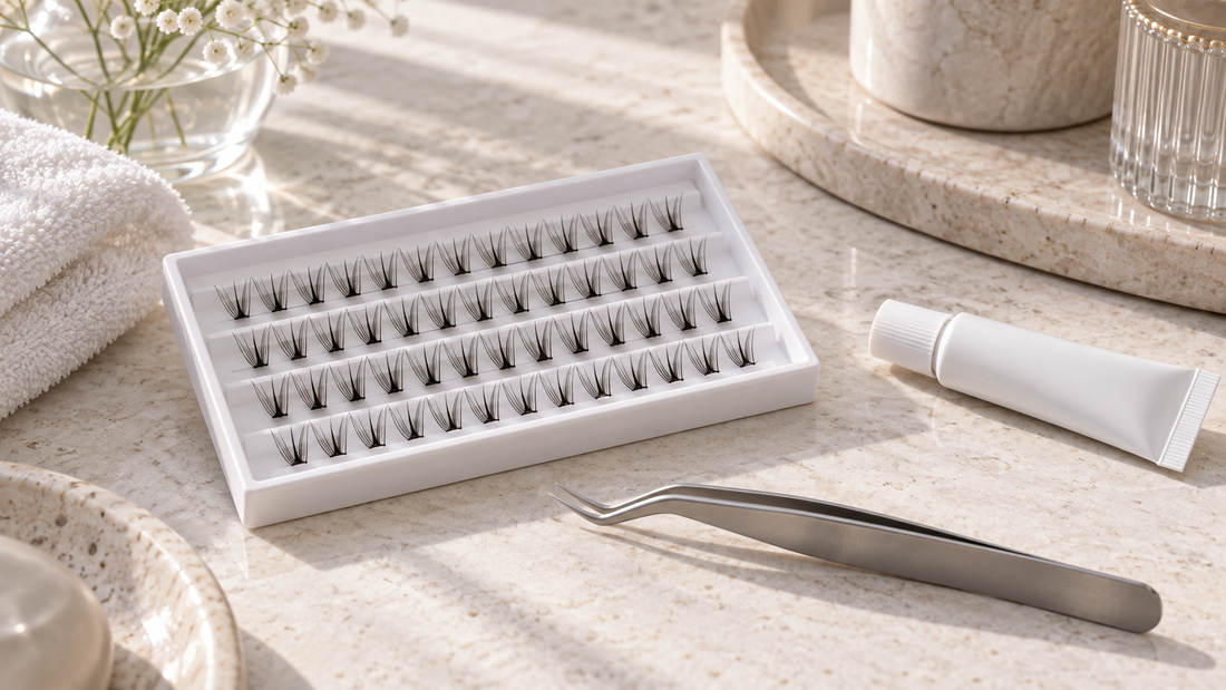 Individual lash clusters with clean tweezers and unbranded adhesive