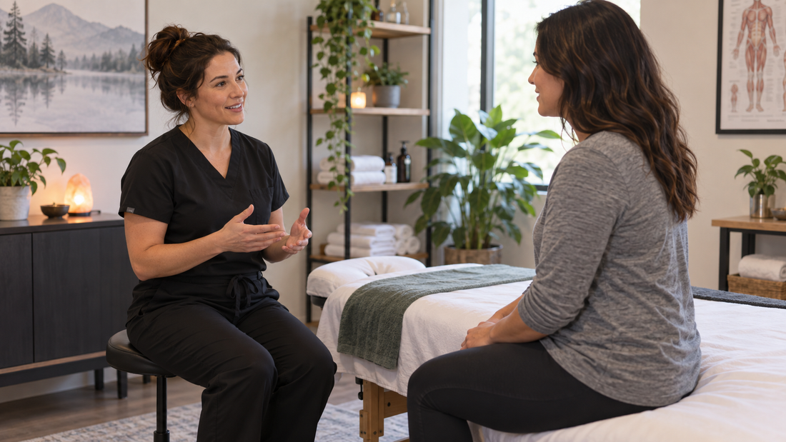 Massage practitioner discussing a session with an adult client