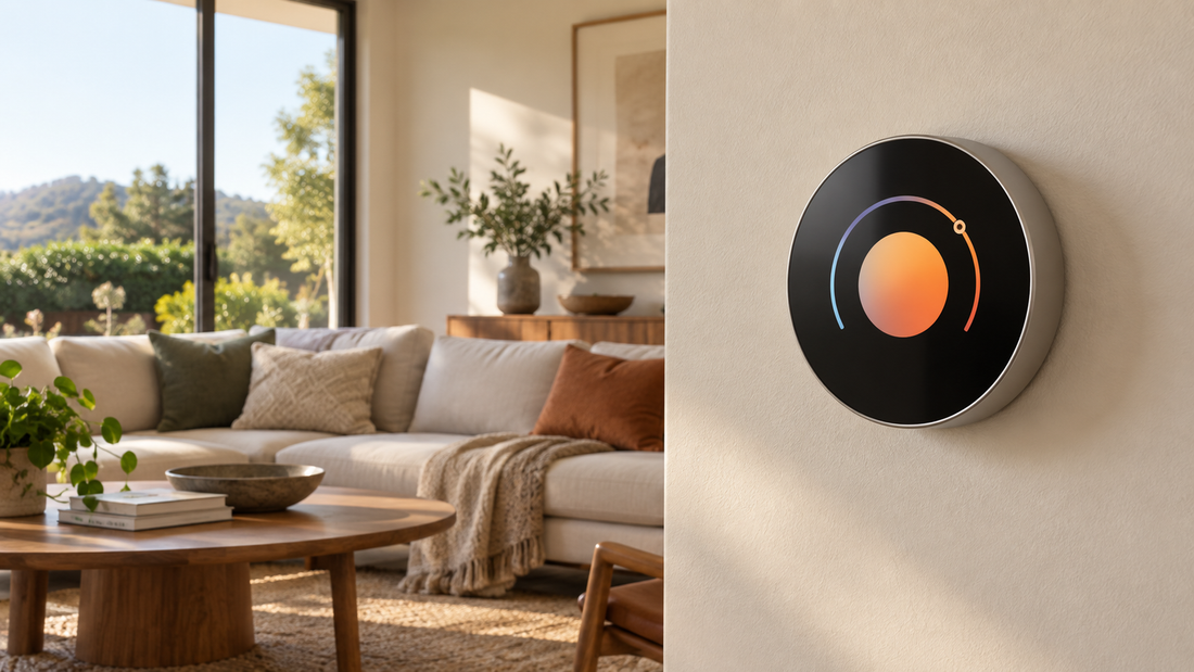 Unbranded round WiFi thermostat mounted in a warm modern living room