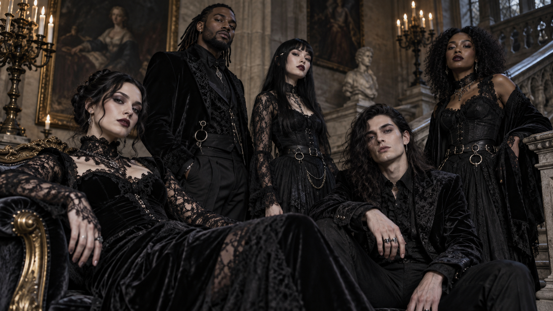 Diverse adults wearing elaborate black goth clothing in a historic interior