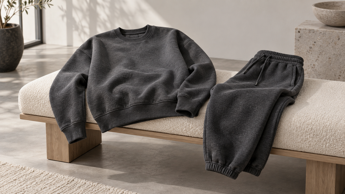 Charcoal sweatshirt and matching joggers arranged in a minimalist studio
