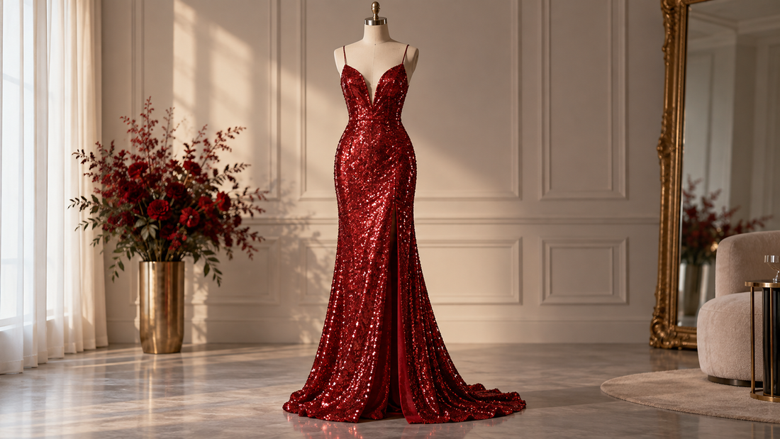 Red sequin evening dress displayed in an elegant softly lit room