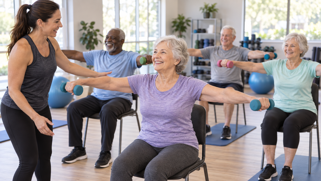 Older adults participating in a guided community fitness class