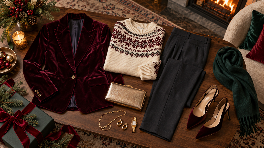 Festive velvet, knitwear and tailored holiday outfit pieces