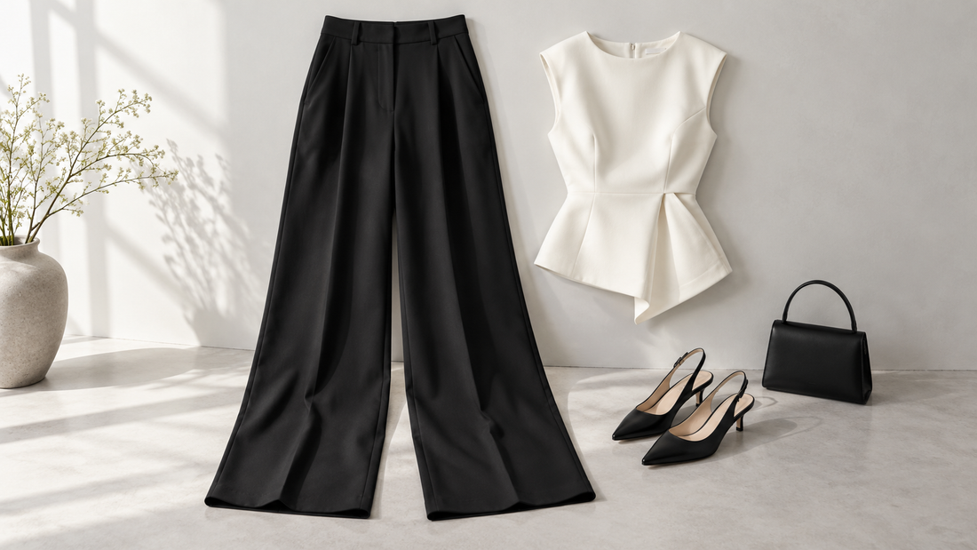 Black wide-leg trousers styled with a structured cream top