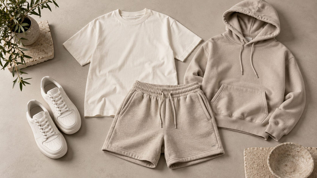 Neutral fleece shorts with casual hoodie, T-shirt and sneakers