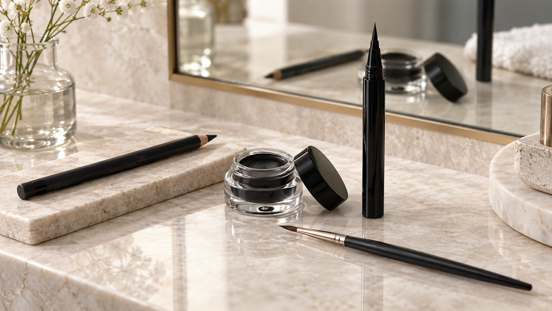 Eyeliner pencil, gel pot, brush and pen on a clean vanity