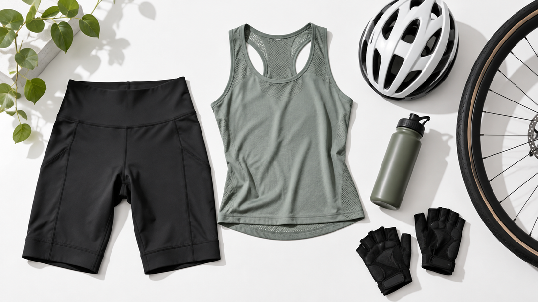 Women's black bike shorts with cycling top, helmet and bicycle gear