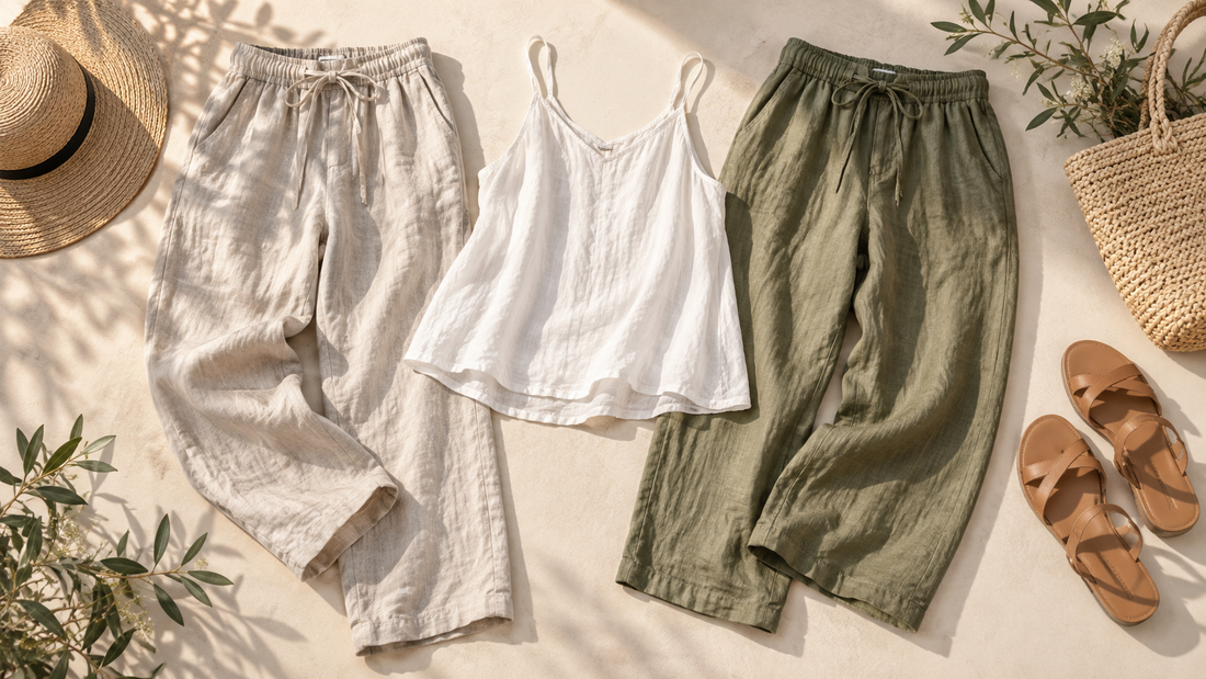 Editorial flat lay of lightweight summer pants with no text or branding