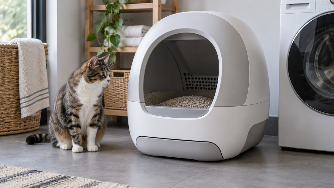Editorial view of an automatic cat litter box in a clean home with no text or branding