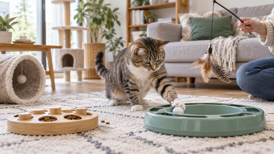 Adult cat playing safely with interactive cat toys in a clean home with no text or branding