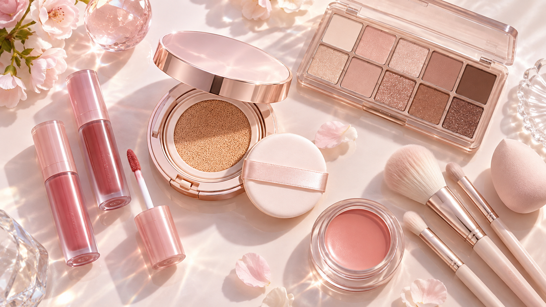 Editorial flat lay of Korean makeup products with no text or branding