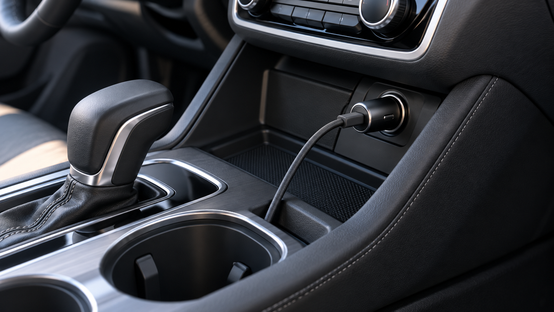 Editorial view of a car charger installed safely with no text or branding