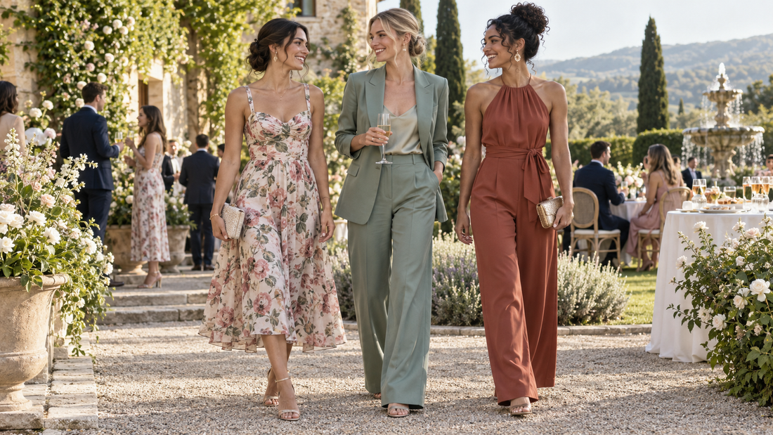 Editorial view of wedding outfits for women at a garden reception with no text or branding