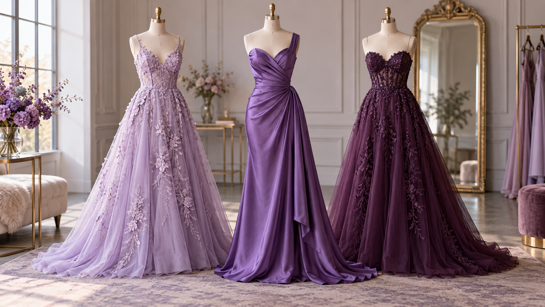 Three elegant purple dresses for women displayed in a refined studio with no text or branding