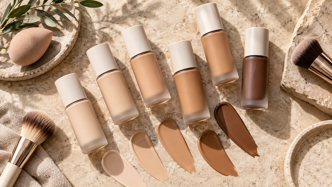 Editorial flat lay of inclusive skin tint shades and clean makeup tools with no text or branding