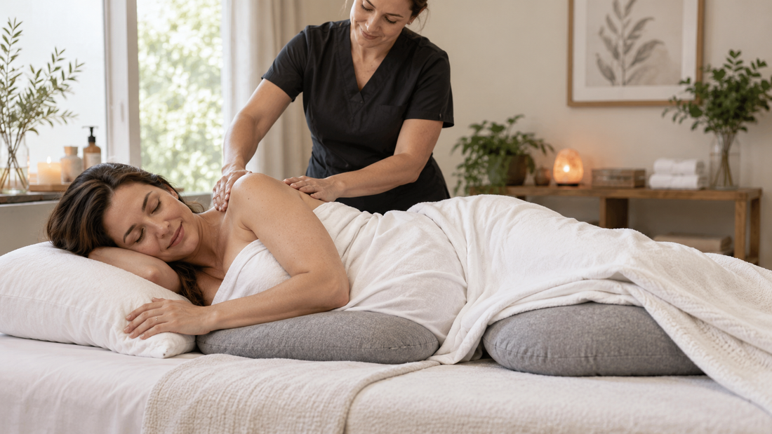 Calm prenatal massage setting with safe side-lying support and no text or branding
