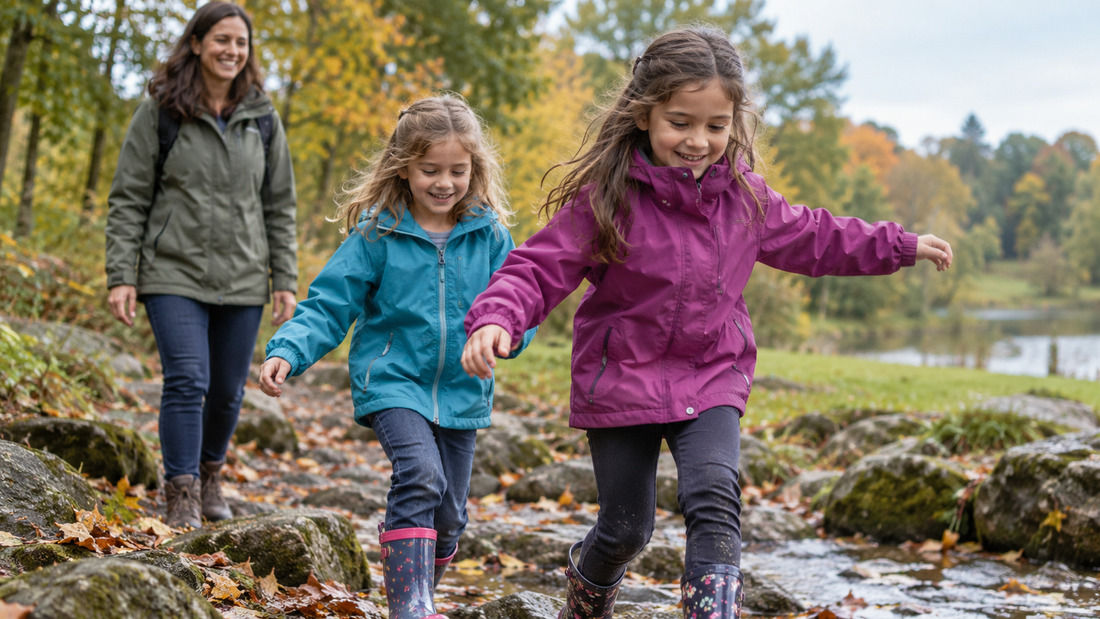 Girls wearing colorful weather-ready jackets outdoors with no text or branding