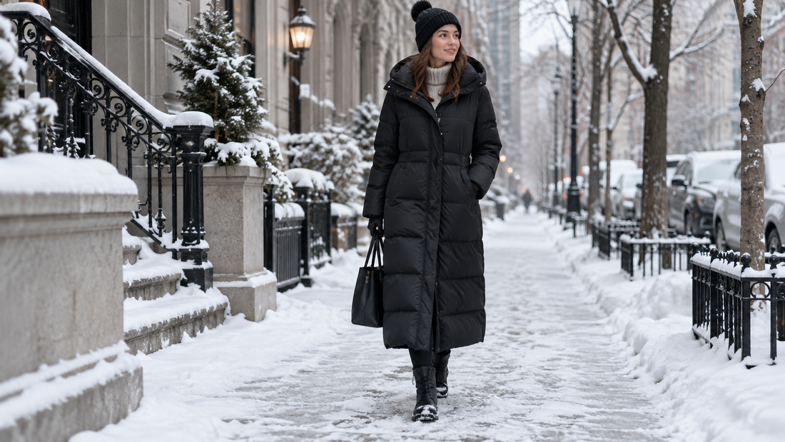 Editorial view of a long black puffer coat in winter weather with no text or branding