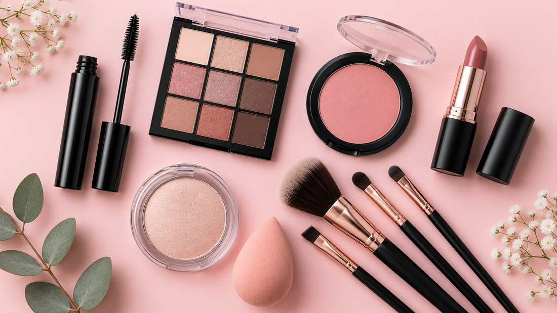 Editorial flat lay of affordable unbranded makeup and clean tools with no text or branding