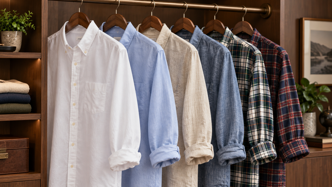 Curated men's casual shirts in varied fabrics with no text or branding