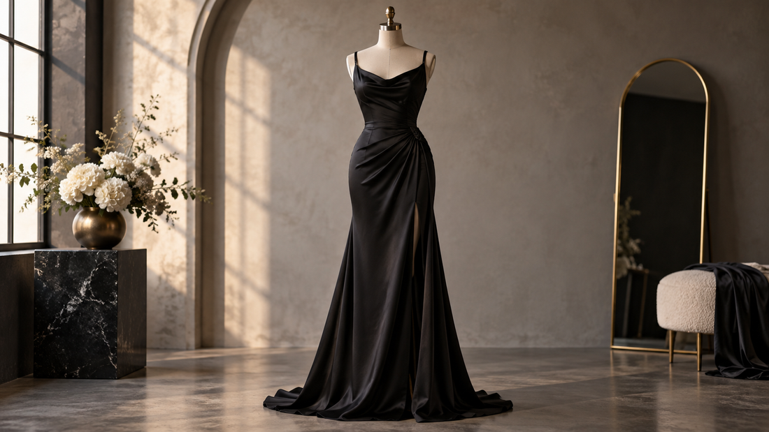 Elegant black statement dress displayed in a refined studio with no text or branding