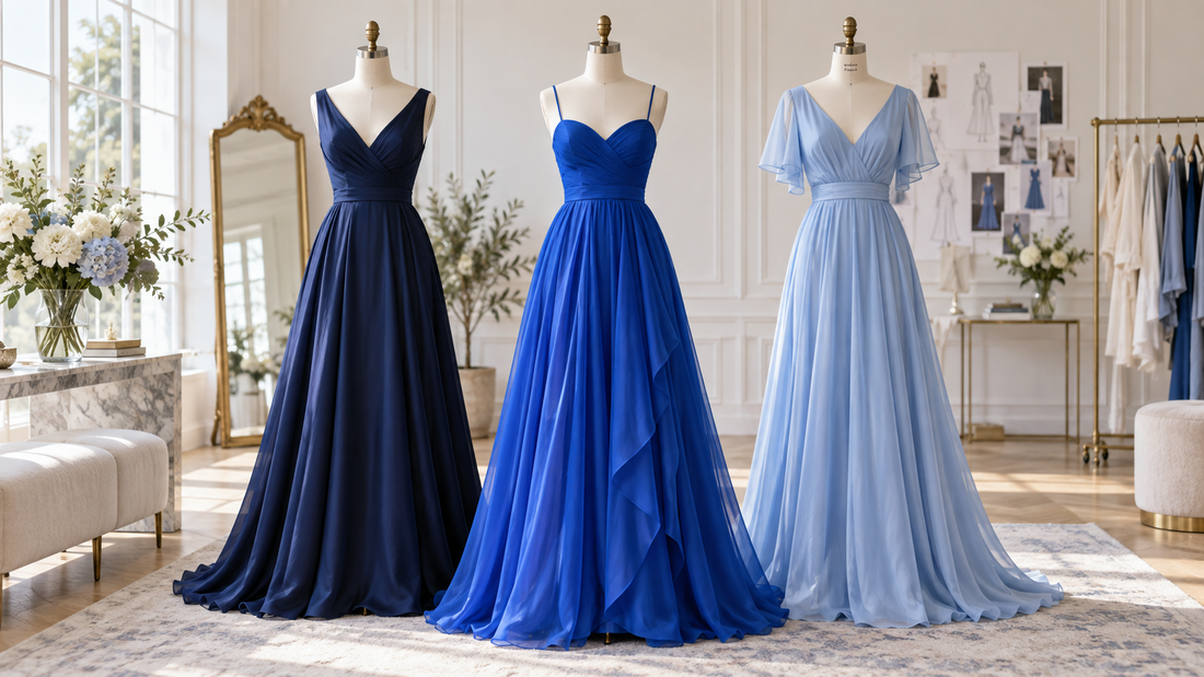 Three elegant blue dresses for women displayed in a studio with no text or branding