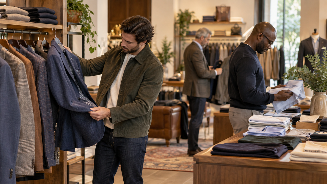 Editorial view of adults shopping in a refined men's clothing store with no text or branding