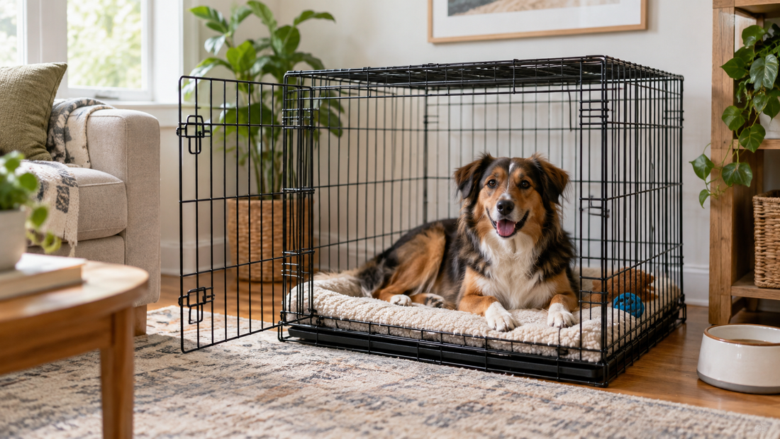 Medium dog resting calmly in an appropriately sized open crate with no text or branding