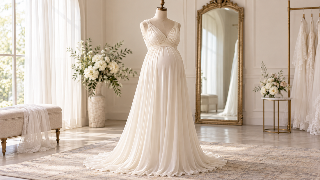 Elegant maternity wedding dress displayed in a serene bridal studio with no text or branding
