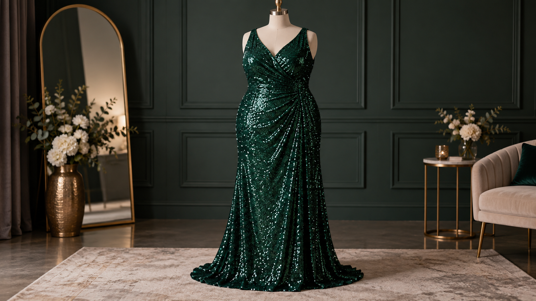 Elegant plus-size sequin dress displayed on a curvy dress form with no text or branding