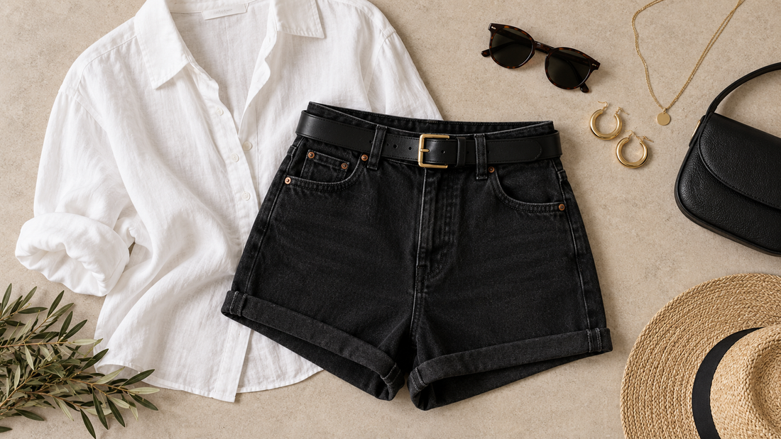 Editorial flat lay of black denim shorts and simple accessories with no text or branding