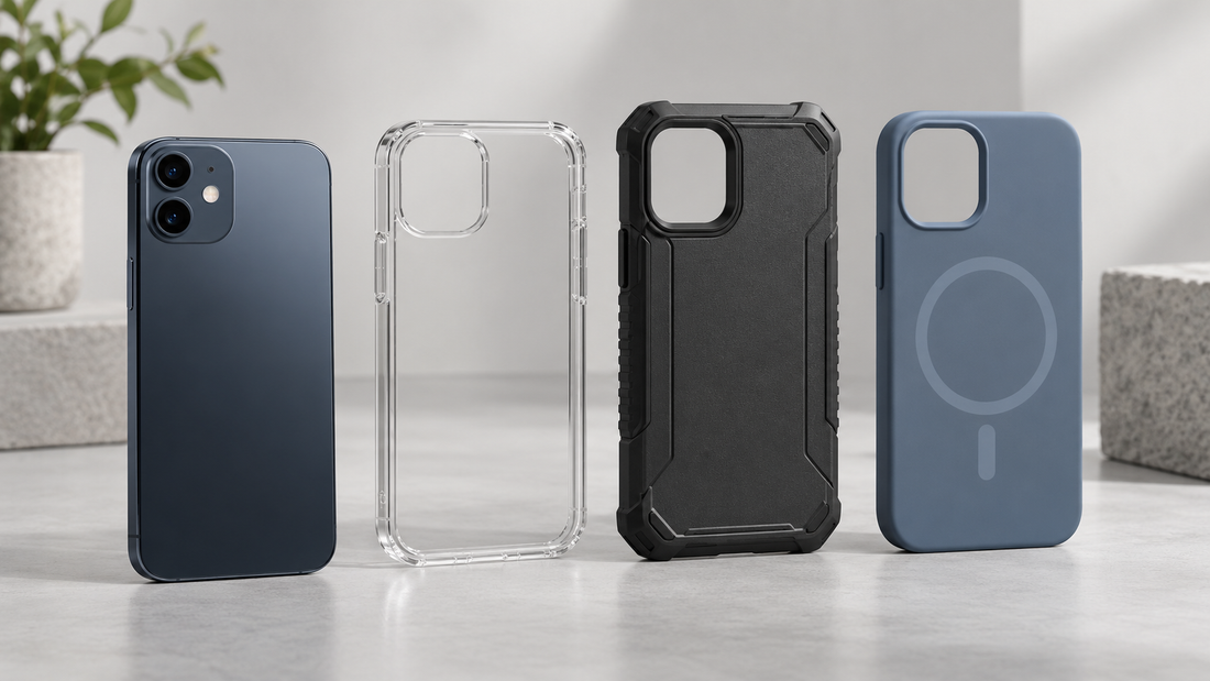 Smartphone beside clear, rugged and magnetic-compatible protective cases with no text or branding