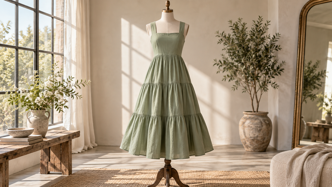 Elegant sage green tiered midi dress displayed in a sunlit studio with no text or branding