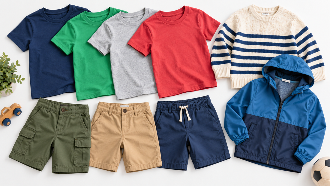 Practical boys clothing basics arranged in a clean studio with no text or branding