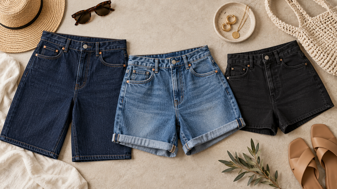 Three styles of women's denim shorts arranged with simple accessories and no text or branding