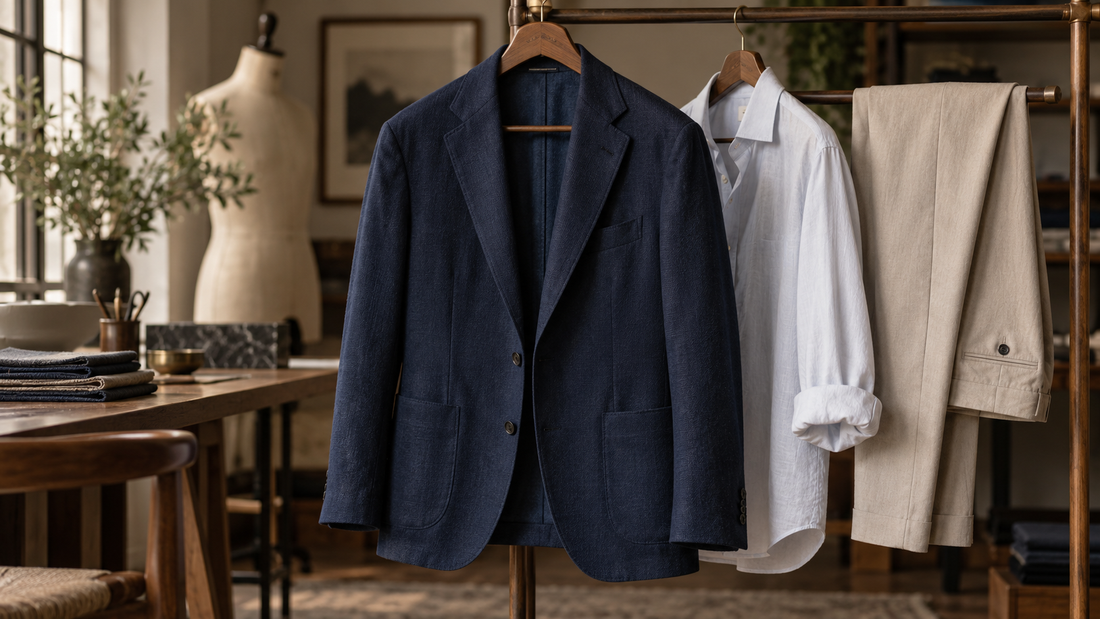 Men's navy blazer with shirt and trousers in a refined tailoring studio with no text or branding