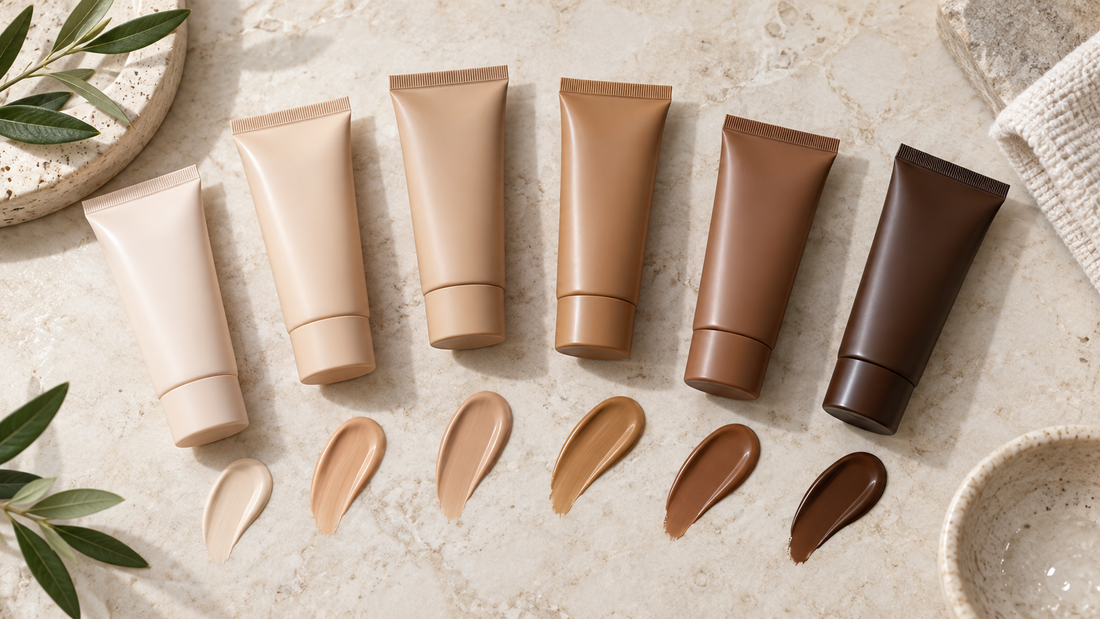 Unbranded BB cream tubes and complexion swatches in varied skin tones with no text or branding