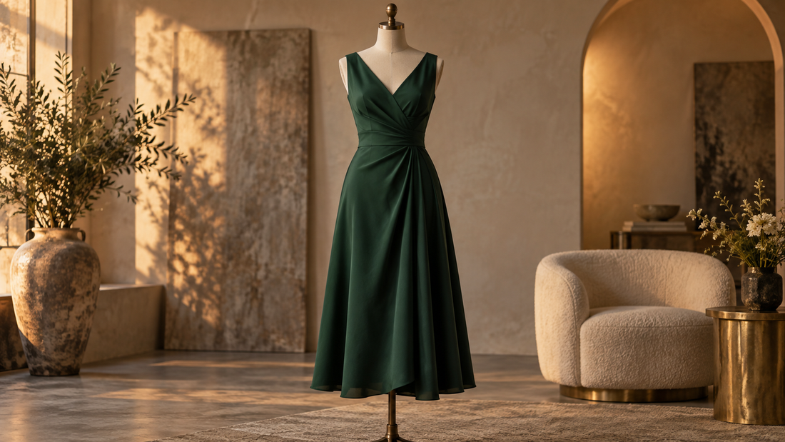 Elegant dark green midi dress displayed in a refined studio with no text or branding
