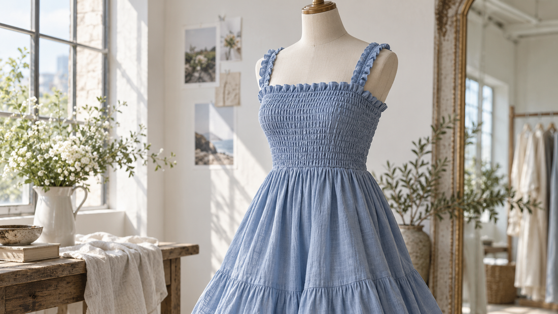 Soft blue smocked dress displayed in a bright airy studio with no text or branding