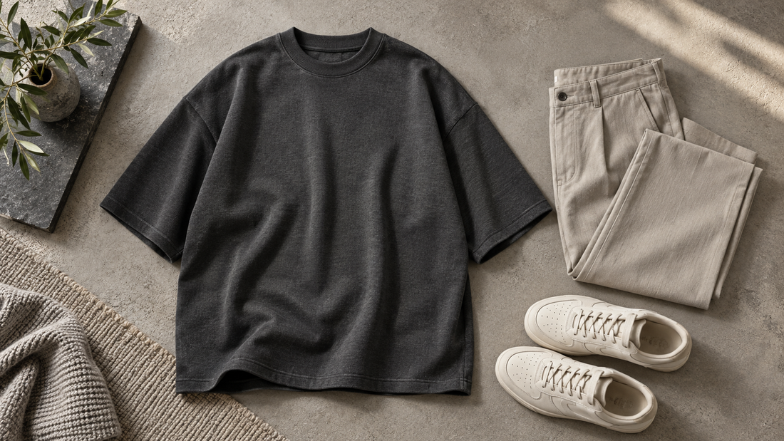 Men's oversized charcoal T-shirt styled with neutral trousers and sneakers with no text or branding