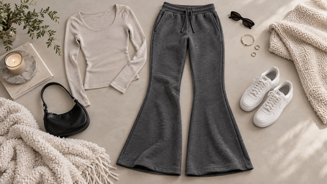 Charcoal flare sweatpants styled with neutral casual pieces and no text or branding