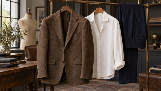 Textured brown sport coat with contrasting shirt and trousers and no text or branding