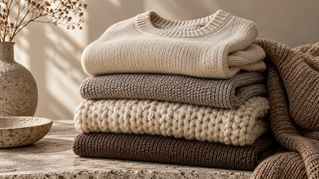 Folded knit sweaters in varied gauges and neutral tones with no text or branding