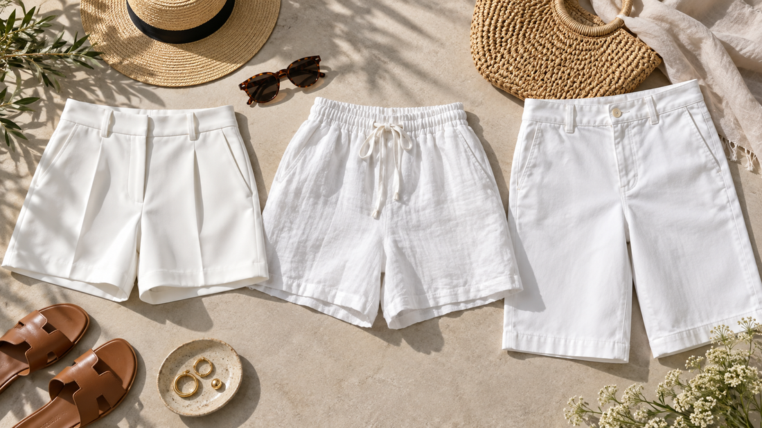 Three styles of women's white shorts arranged with summer accessories and no text or branding