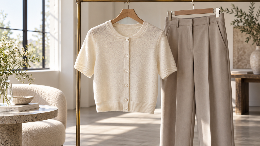 Cream short-sleeve cardigan styled with neutral trousers and no text or branding