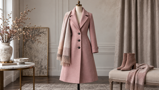Elegant dusty pink tailored coat displayed in a refined studio with no text or branding