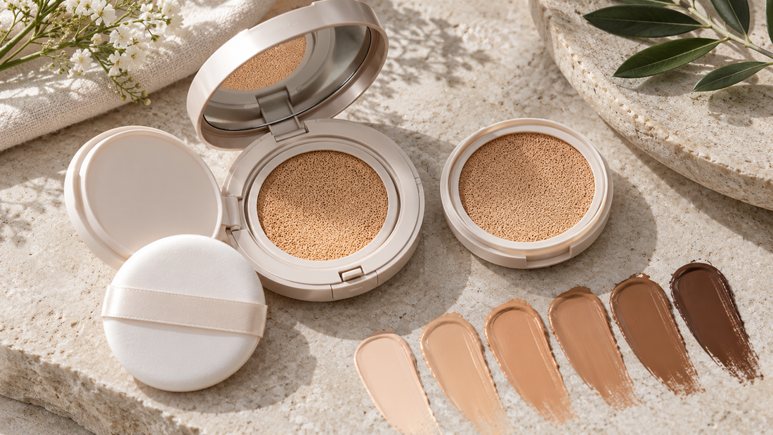 Open unbranded cushion foundation compacts with inclusive shade swatches and no text or branding