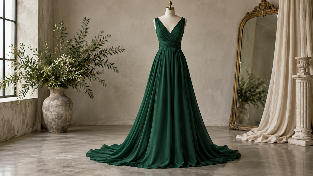 Elegant deep green maxi dress displayed in a refined studio with no text or branding